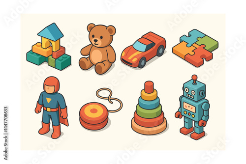 Isometric toy icons set – blocks, teddy, car, puzzle, hero, yo-yo, stacker, robot