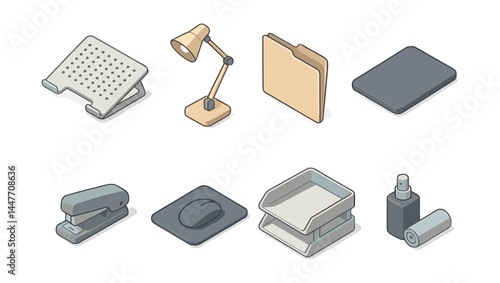 Office supplies icons set – lamp, folder, stand, stapler, mouse, tray, spray