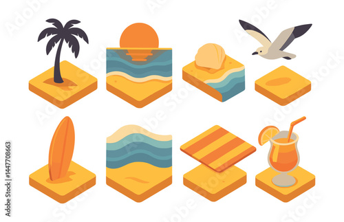 Tropical beach sunset icons set – palm, sun, shell, seagull, surfboard, wave, towel, drink