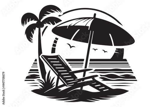 beach chair vector silhouette illustration logo, beach chair logo icon silhouette, tropical beach sunset scene palm trees beach chair and umbrella vector silhouette on white background