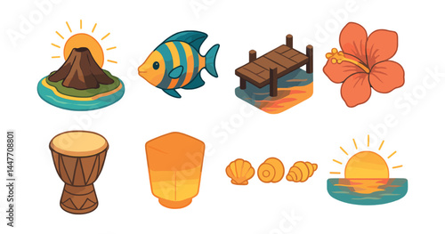 Tropical paradise icons set – volcano, fish, pier, hibiscus, drum, lantern, seashells, sunset