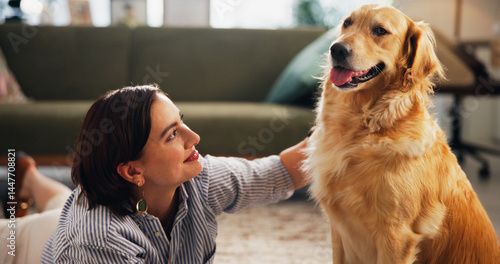 Photography Love, petting and dog with woman on floor of living room for relax, bonding and loyalty
