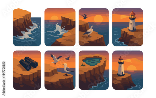 Coastal icons set – lighthouse, sunset, seagull, cliff, ocean, binoculars, waves
