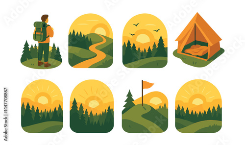 Hilltop sunrise adventure icons set – hiker, tent, sunrise, landscape, forest, trail, birds