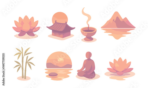 Zen harmony icons set – lotus, temple, incense, mountains, bamboo, sunrise, meditation