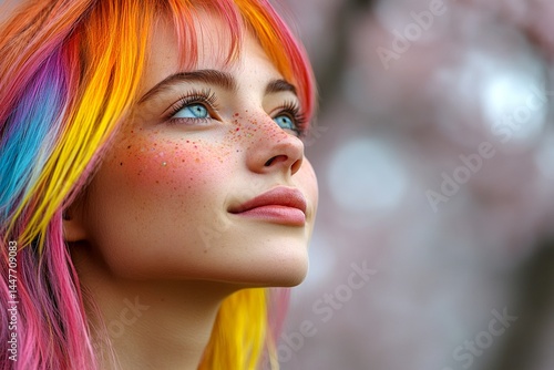 Obraz na płótnie Pretty caucasian young woman surrounded by cherry blossoms. Commercial promotion concept art. Spring mood, golden hour in sunset. Spring fashion with woman and blossoms. w salonie