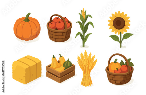 Harvest festival icons set – pumpkin, apple, corn, sunflower, straw, wheat
