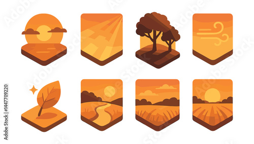 Golden hour bliss icon set – sunset, landscape, tree, wind, leaf, path, clouds, field, horizon