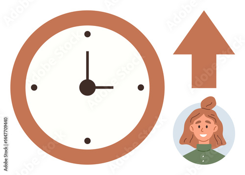 Clock showing 3 oclock, upward arrow, and smiling person suggesting efficiency, growth, and punctuality. Ideal for productivity, time tracking, growth, career project planning success simple