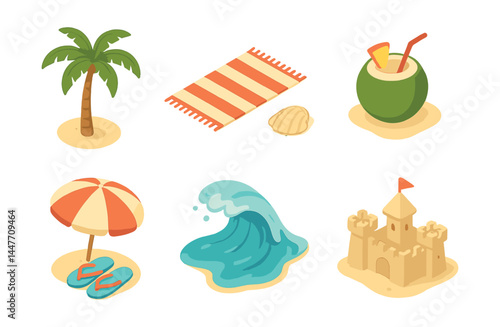 Tropical beach essentials icons set – palm, towel, coconut, umbrella, wave, sandcastle