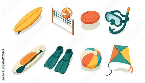 Beach fun icons set – surfer, volleyball, frisbee, snorkel, paddleboard, fins, beach ball, kite