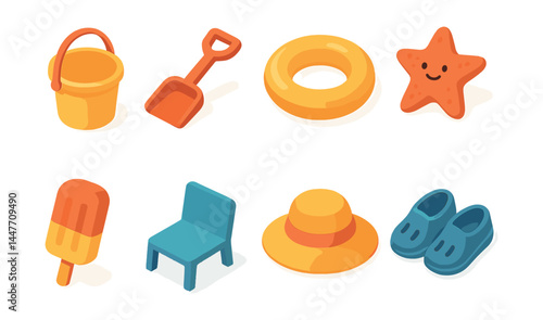 Beach day fun icons set – bucket, shovel, float, starfish, popsicle, chair, hat, sandals
