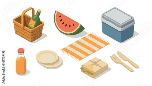 Seaside picnic essentials icons set – basket, wine, watermelon, cooler, juice, plates, sandwich, cutlery, blanket