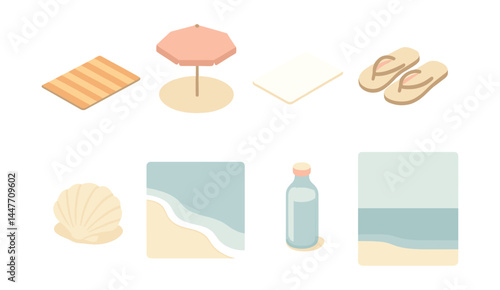 Minimal beach essentials icons set – towel, umbrella, flip-flops, seashell, water