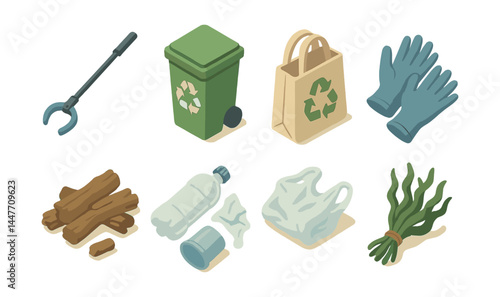Beach cleanup icons set – trash picker, recycling bin, eco bag, gloves, driftwood, plastic bottle