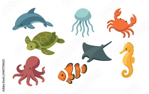Isometric ocean wildlife icons set – dolphin, jellyfish, crab, turtle, octopus, ray, clownfish, seahorse