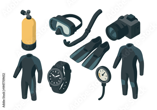 Essential underwater gear icons set – tank, goggles, snorkel, fins, camera