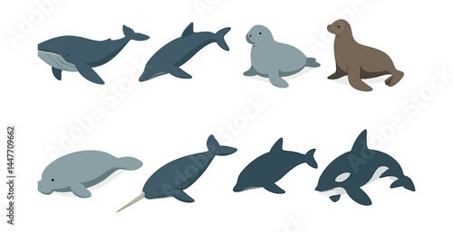 Marine mammals icons set – whale, dolphin, seal, narwhal, orca