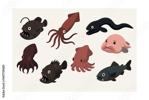 Deep sea creatures icons set – anglerfish, squid, blobfish, eel, lanternfish