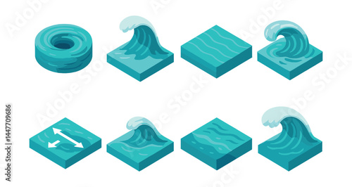 Ocean currents icons set – whirlpool, wave, ripple, surf, swell