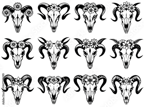 Collection of stylized ram skull vectors adorned with floral elements on white