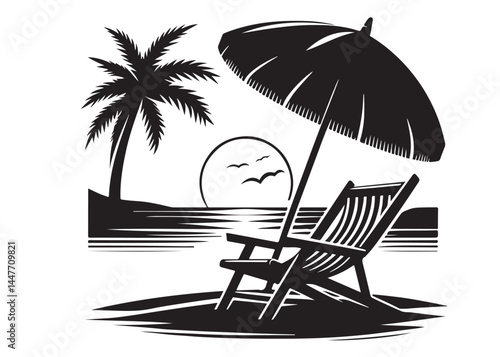 beach chair vector silhouette illustration logo, beach chair logo icon silhouette, tropical beach sunset scene palm trees beach chair and umbrella vector silhouette on white background