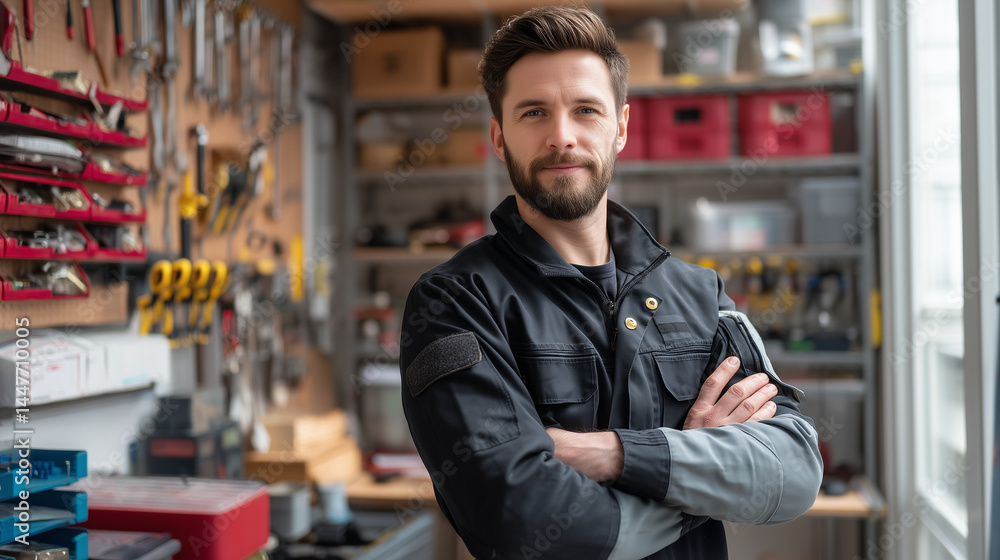 Portrait of confident male technician standing with arms crossed in organized tool workshop for technical repairs and maintenance Portrait of confident male technician standing with arms crossed in organized tool workshop for technical repairs and maintenance