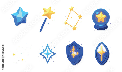 Fantasy star magic icons set – wand, constellation, crystal ball, shield, glow