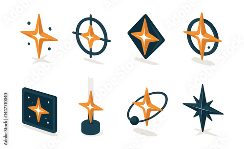 Isometric space navigation icons set – compass, star, map, guide, navigation