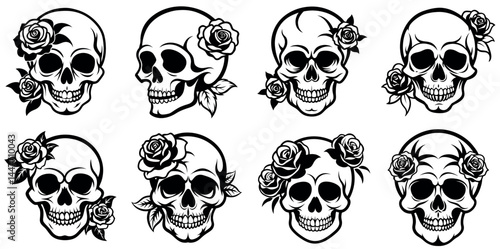 Collection of illustrated skulls adorned with roses and botanical elements