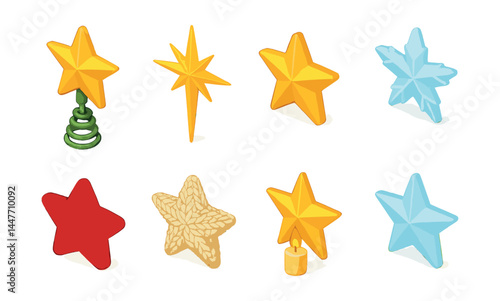 Festive holiday star icons set – christmas, tree, snowflake, candle, decor, 3d