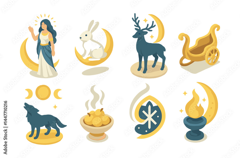 Enchanting lunar mythology icons set – moon, deity, hare, deer, chariot, wolf, fruit, leaf, flame Enchanting lunar mythology icons set – moon, deity, hare, deer, chariot, wolf, fruit, leaf, flame