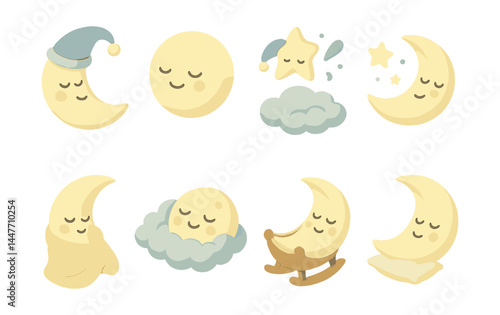 Dreamy moon icons set – nighttime, sleep, star, cloud, crescent, cute illustrations