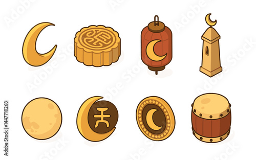 Lunar cultural icons set – crescent, lantern, mooncake, drum, obelisk