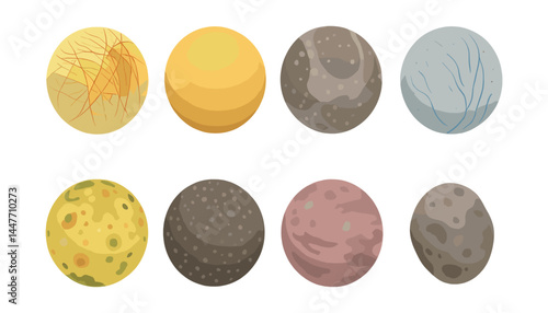 Planetary moons isometric icons set – saturn, jupiter, craters, atmosphere, surface patterns