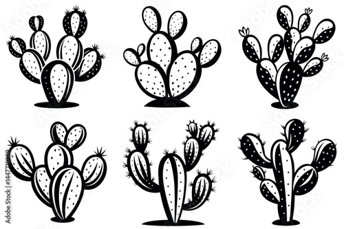 Black and White Cactus Silhouettes with Various Shapes and Designs