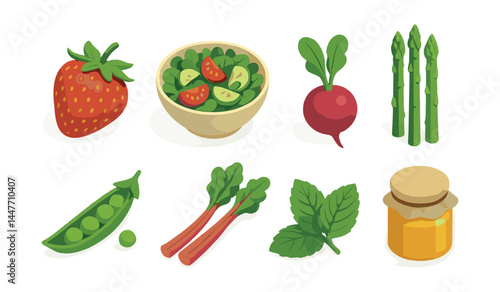 Spring harvest icons set – strawberry, salad, radish, asparagus, peas, rhubarb, mint, honey