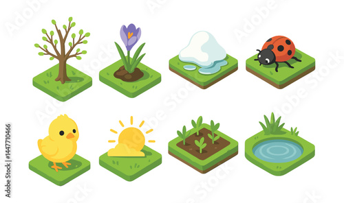 Spring awakening icons set – tree, flower, snow, ladybug, chick, sun, plant, pond