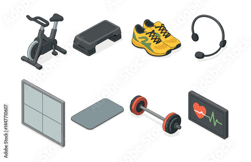 Group fitness icons set – bike, step, shoes, headset, mirror, mat, dumbbell, monitor