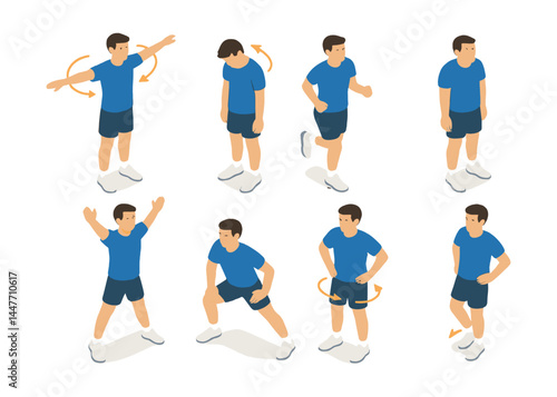 Isometric exercise icons set – jumping jacks, squats, lunges, arm circles, stretching, running