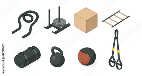 Functional training equipment icons set – battle rope, sled, box, ladder, sandbag, kettlebell, medicine ball, suspension trainer
