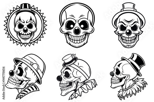 Black and white collection of sinister clown skulls in varying styles
