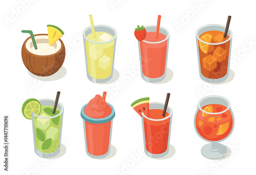 Tropical drink icons set – coconut, lemonade, strawberry, orange, mojito, slush, watermelon, sangria