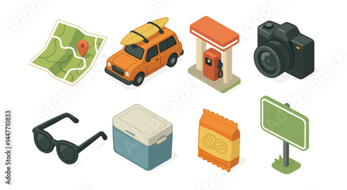 Summer road trip essential icons set – car, map, sunglasses, camera, gas pump, cooler