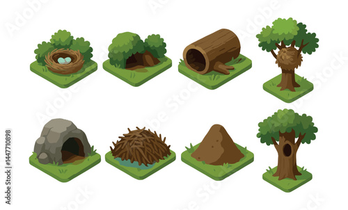 Isometric forest habitats icons set – nest, tree, cave, log, burrow, lodge, anthill