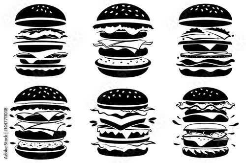 Black and white illustration of exploded burgers with ingredients ready to assemble
