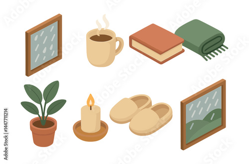 Cozy rainy day essentials icons set - mug, book, blanket, candle, slippers, window