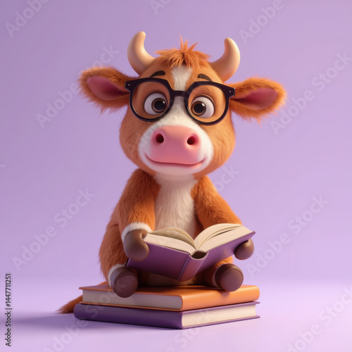 Cute cartoon cow wearing glasses, sitting on books, reading book, with cheerful expression, against purple background