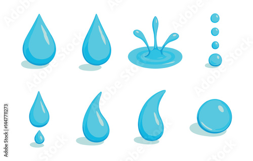 Isometric raindrop icons set – water, droplet, splash, aqua, drop, liquid, design