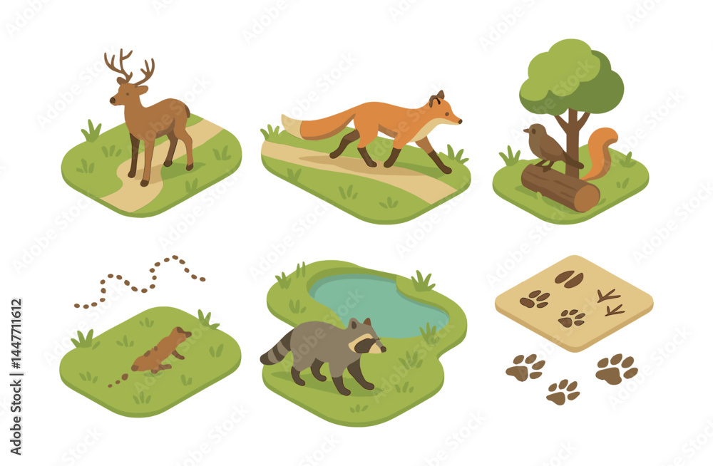 Wildlife icons set – deer, fox, squirrel, snake trail, raccoon, pond, paw prints Wildlife icons set – deer, fox, squirrel, snake trail, raccoon, pond, paw prints